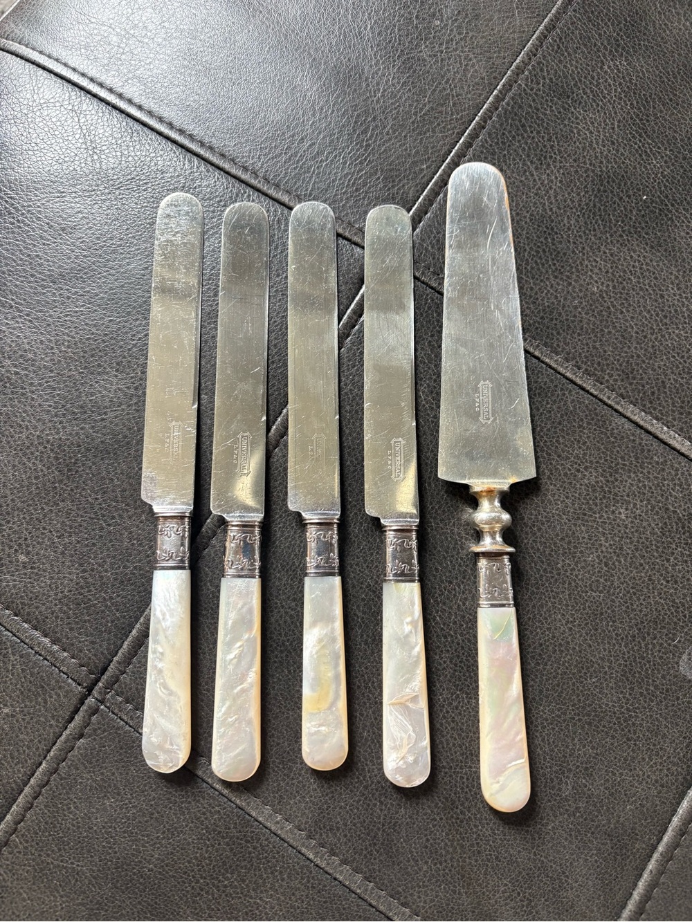 Vintage Mother of Pearl Handle & sterling silver Butter Knives and Server